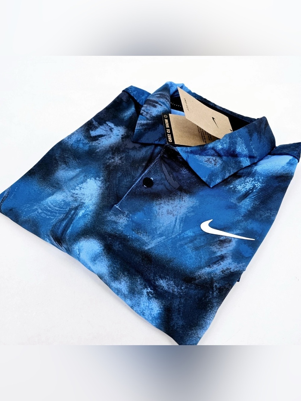 Nike Men’s Blue & Black Tie-Dye print Dri-FIT Golf Polo swoosh logo front & back